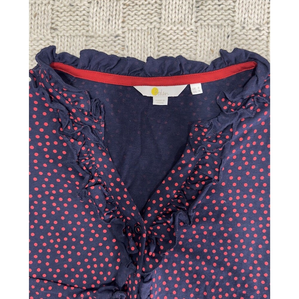 Boden Women’s US 4 Navy Red Polka Dot Ruffle Button Front Blouse Top Modal Blend - Picture 6 of 10